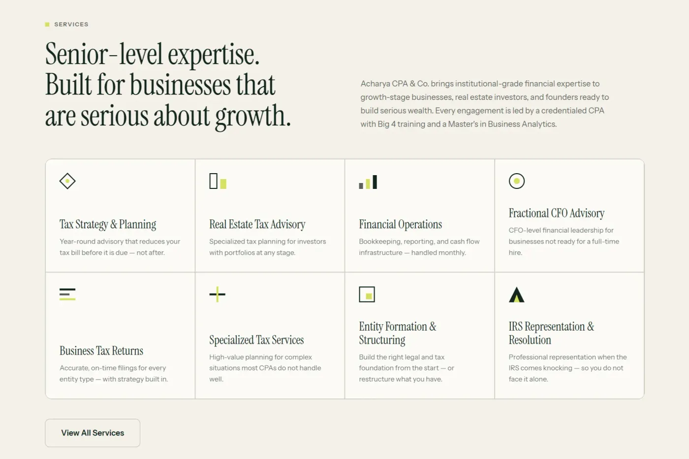 Services page presenting eight tax and financial advisory services
