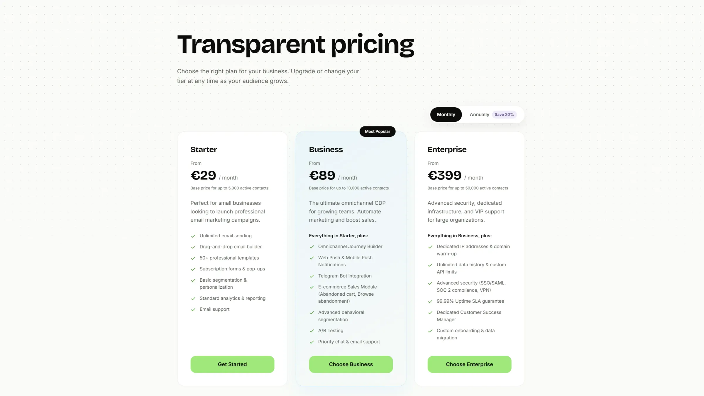 Pricing page with three plans — Starter, Business and Enterprise — side by side