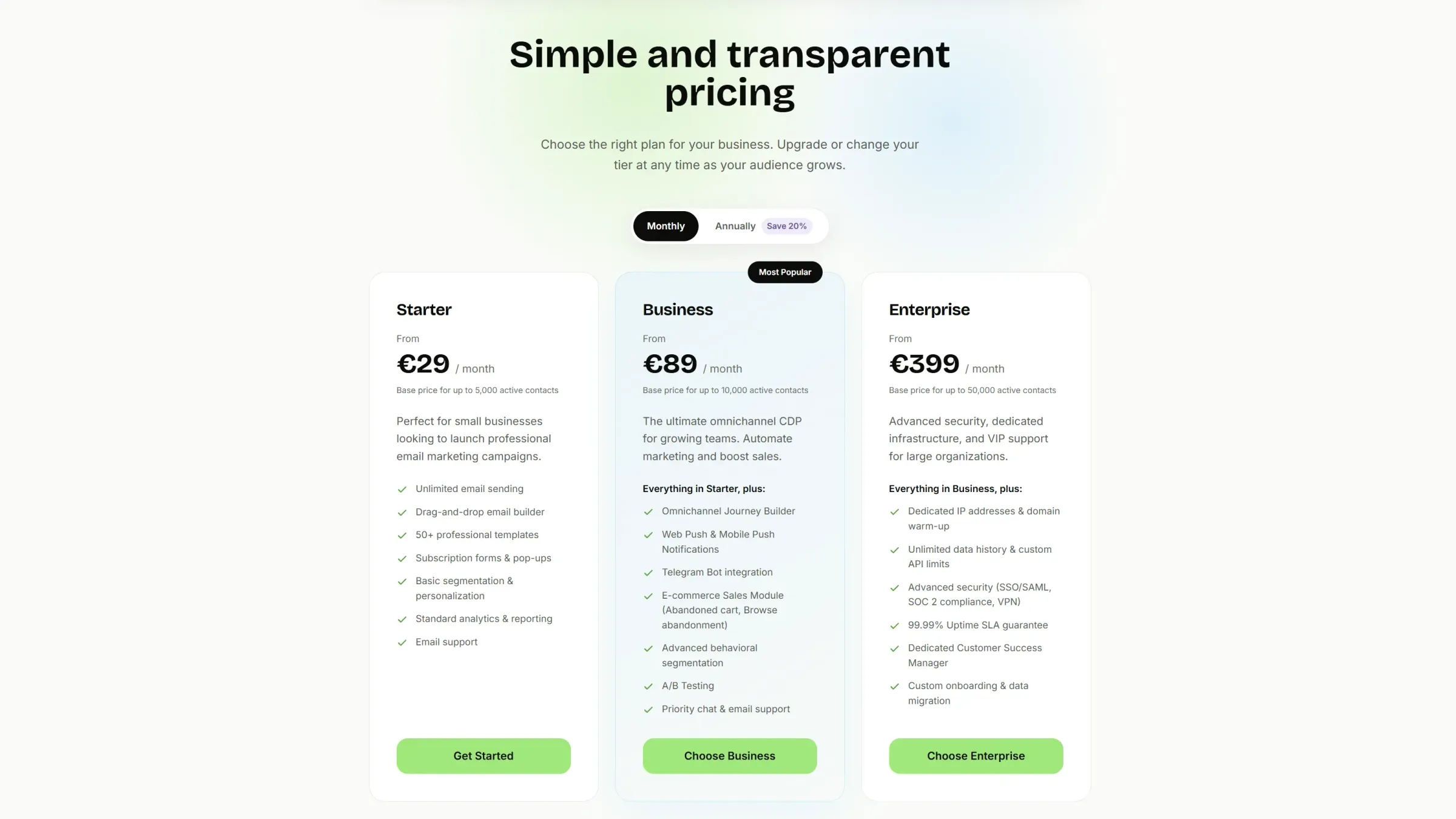 Pricing page with three plans — Starter, Business and Enterprise — side by side