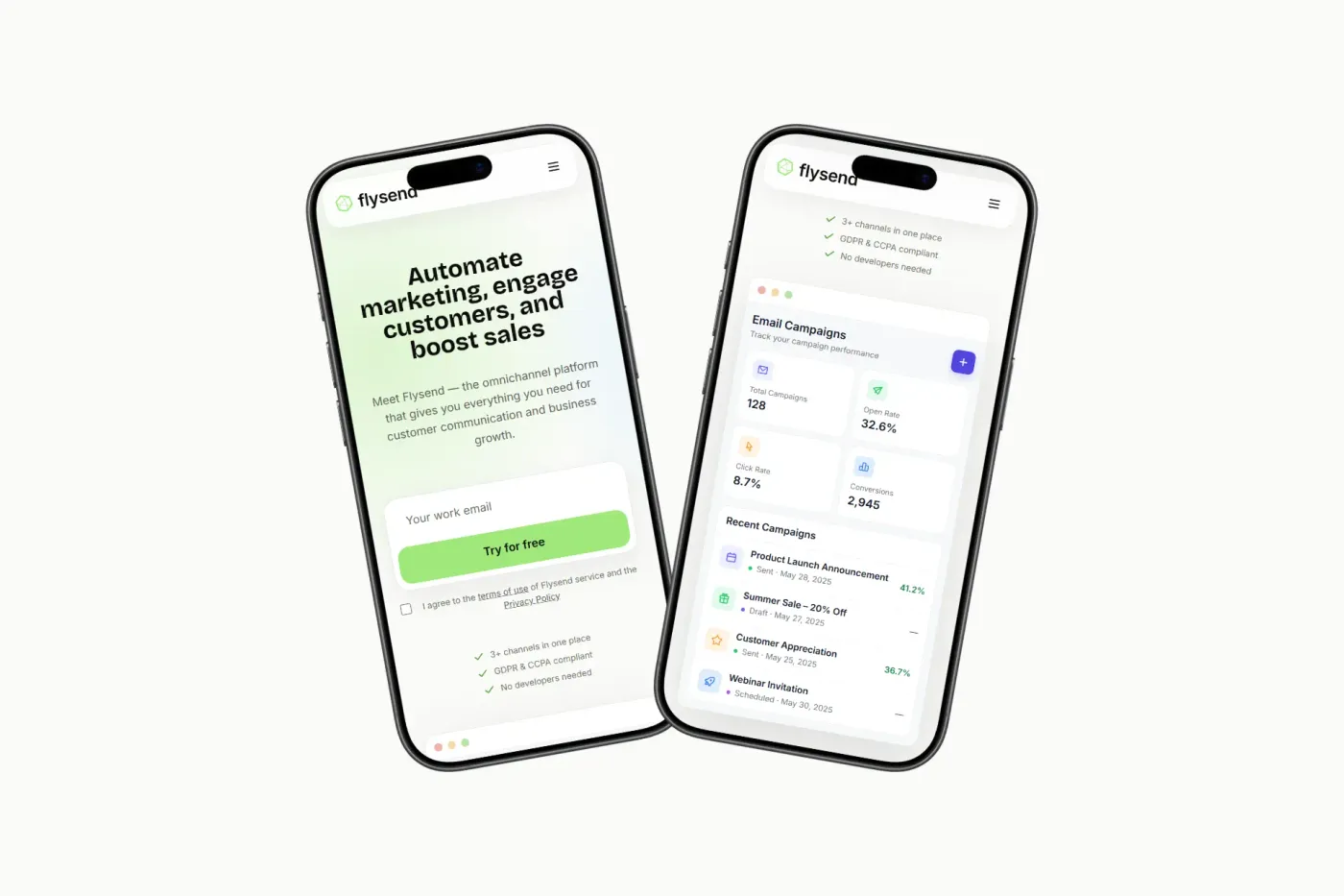 Flysend homepage and email campaigns dashboard shown on two phones