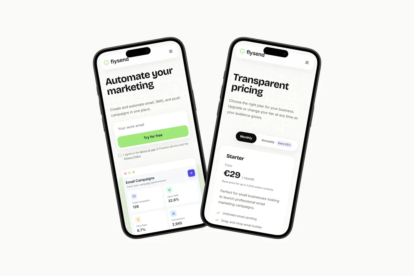 Flysend homepage and email campaigns dashboard shown on two phones