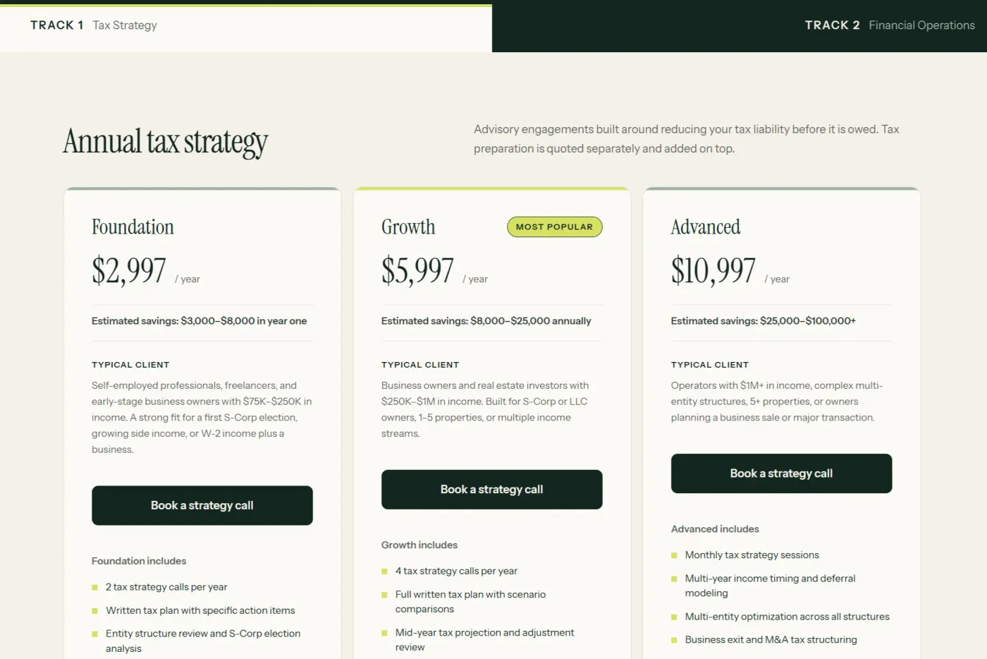 Pricing page with separate Tax Strategy and Financial Operations plans