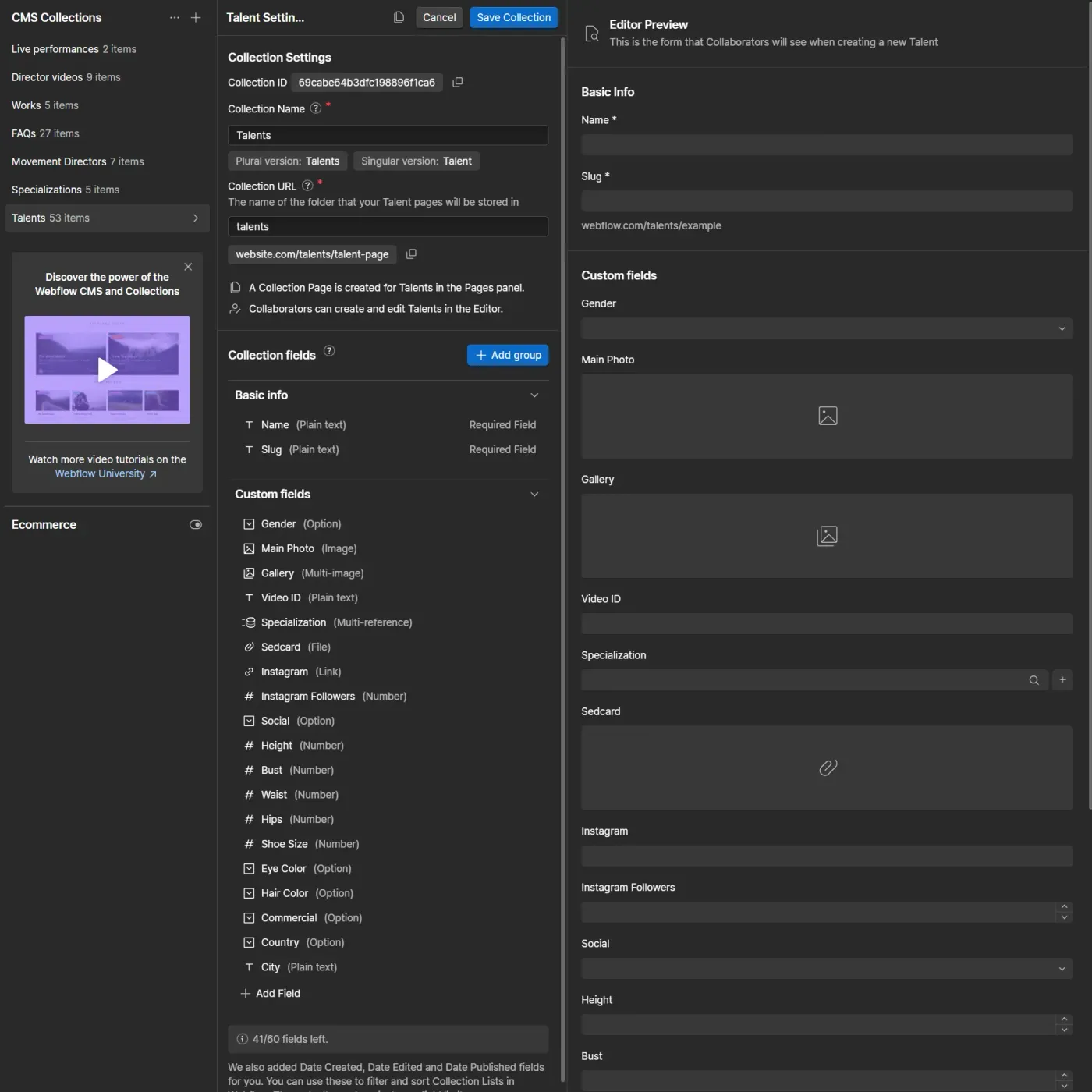 Webflow CMS collection powering the talent roster