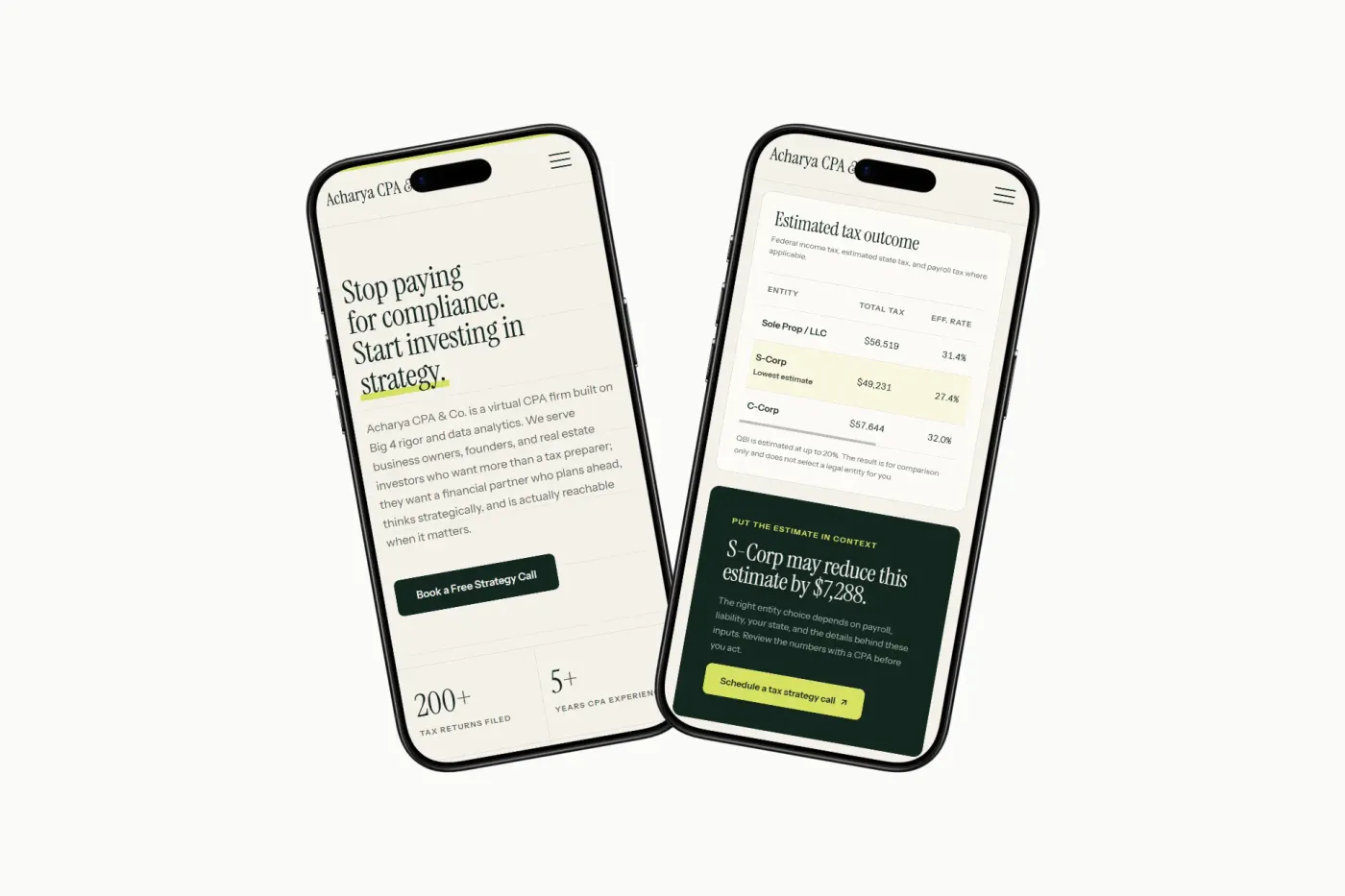 Accuro website and entity calculator shown on mobile screens