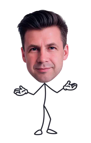Stick figure with a realistic man's head and arms raised in a shrugging pose.